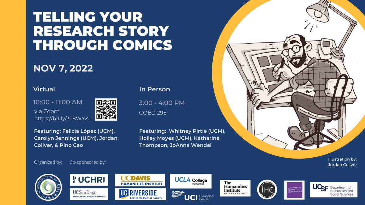 I will be speaking at this upcoming @UCMercedCFH session about my comic collaboration with @DrFeliciaLopez and her research on interpreting Aztec glyphs. 7th Nov at 6pm UK time, anyone can join using the Zoom link or QR code below (also in alt text).