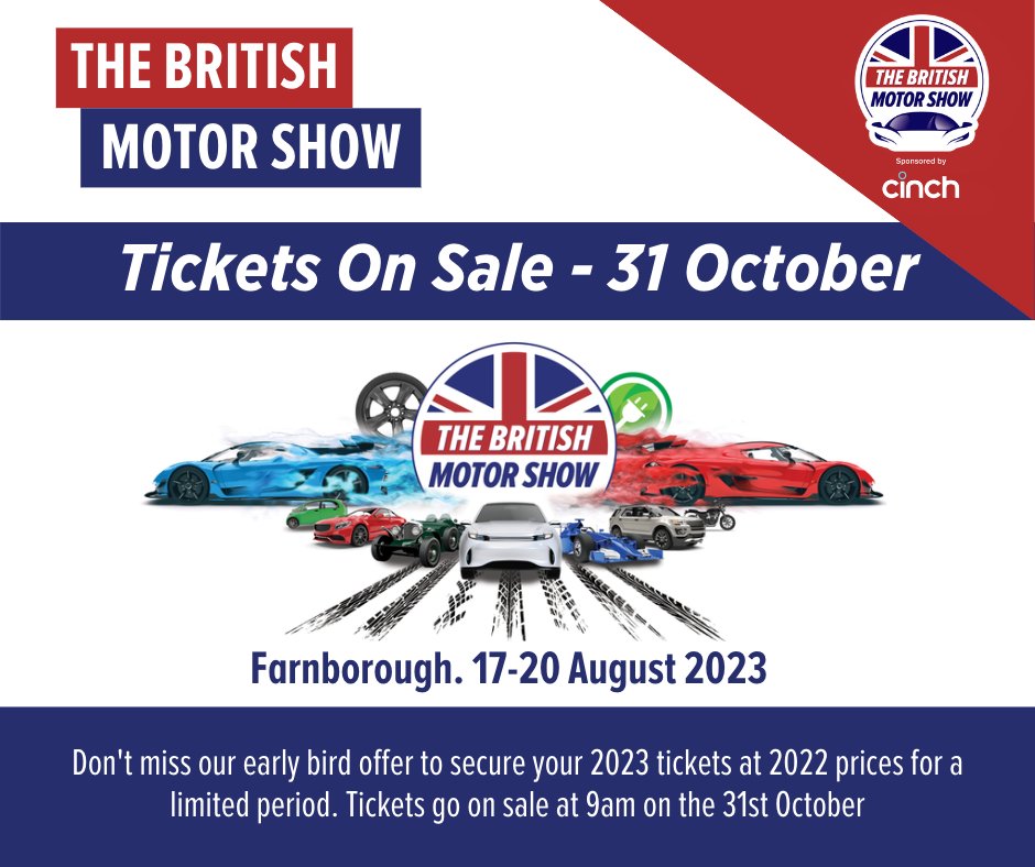 UKmotorshow's tweet photo. BIG News - Tickets for The British Motor Show 2023 go on sale on Monday 31st October. 
We'll be holding our 2022 prices for early bird customers, which means an adult ticket remains just £18.50 and a family ticket is an amazing £37.

#motorshow #events #supercars #newcars #ev https://t.co/tJLbV9Sy05
