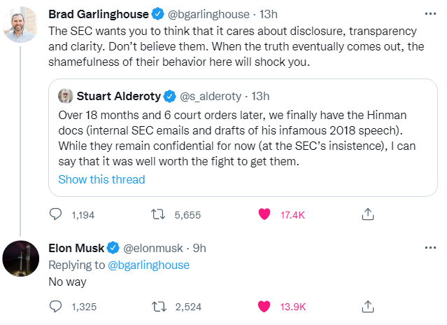 BCBacker's tweet photo. Whether Elon Musk knows about the SEC v. Ripple lawsuit or not, he just commented on Brad Garlinghouse's tweet. https://t.co/Eq91MNN480