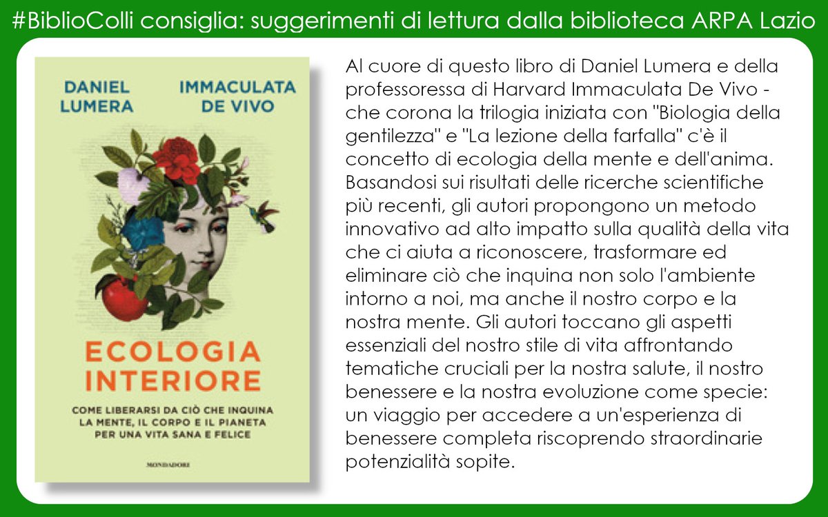 ARPALazio's tweet photo. Volete saperne di più su ambiente, salute, scienza etc?

La Biblioteca Paolo Colli di #ARPALazio ha ampia scelta di titoli #ebook da prendere in prestito con pochi click da: https://t.co/wScFTv1Y04 

Oggi suggeriamo "Ecologia interiore" di @danielumera e Immaculata #DeVivo https://t.co/bsFwjwJchP