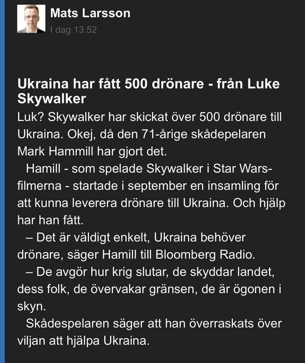 YES!!! <a href="/MarkHamill/">Mark Hamill</a> (Luke Skywalker) hjälper till👈🏽🌟… Good one Hammill, the force is strong in you! #Ukraina