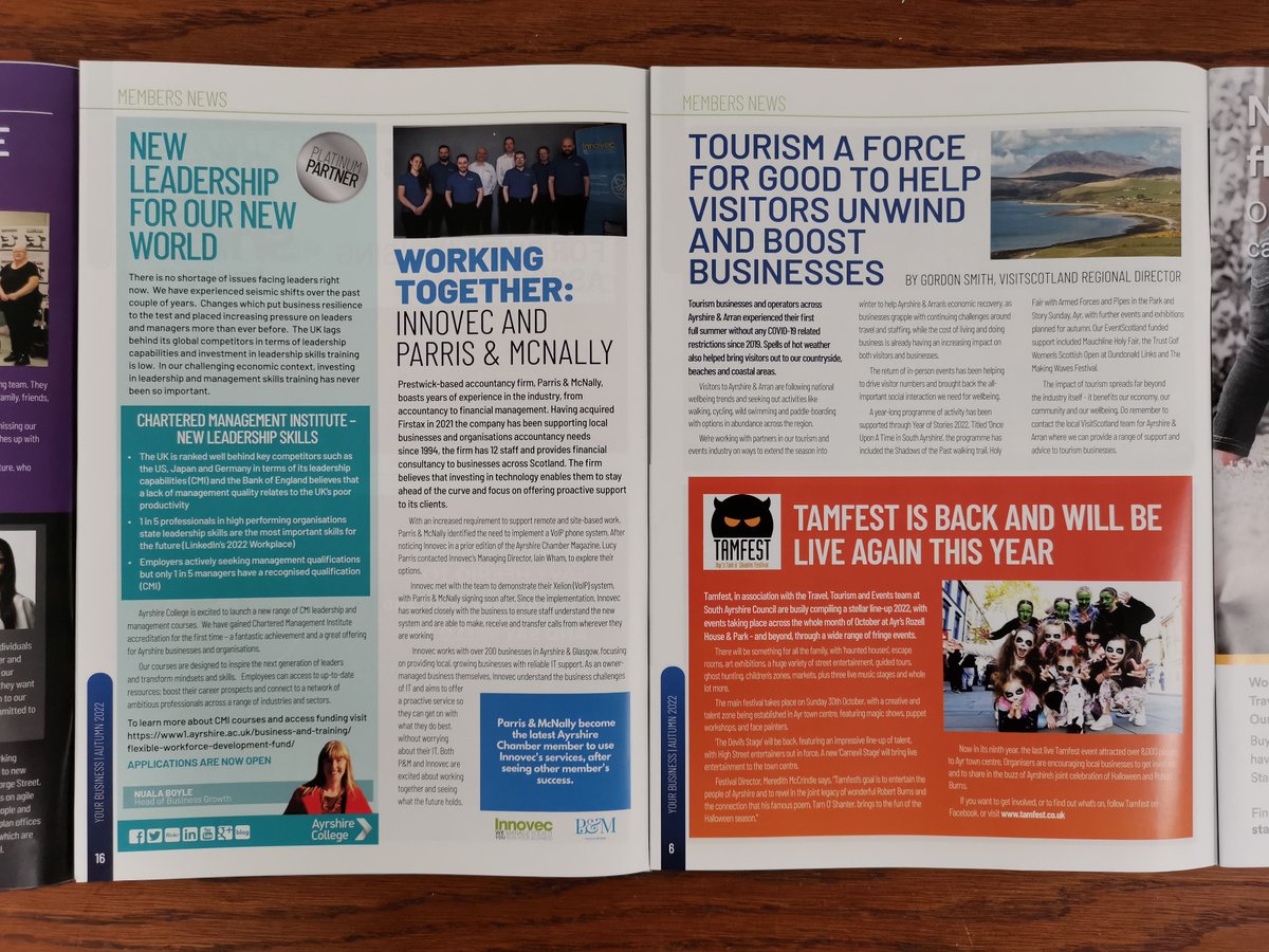 📖 One week until our #Winter editorial deadline! Our theme is #CelebratingAyrshire 📆 28th October 🔗 Read the Autumn edition bit.ly/3QEqEf2 Todays' featured pages 👉 pg6 @VisitScotland & #Tamfest | pg16 @AyrshireColl & @innovecltd with @ParrisMcNally #Ayrshire