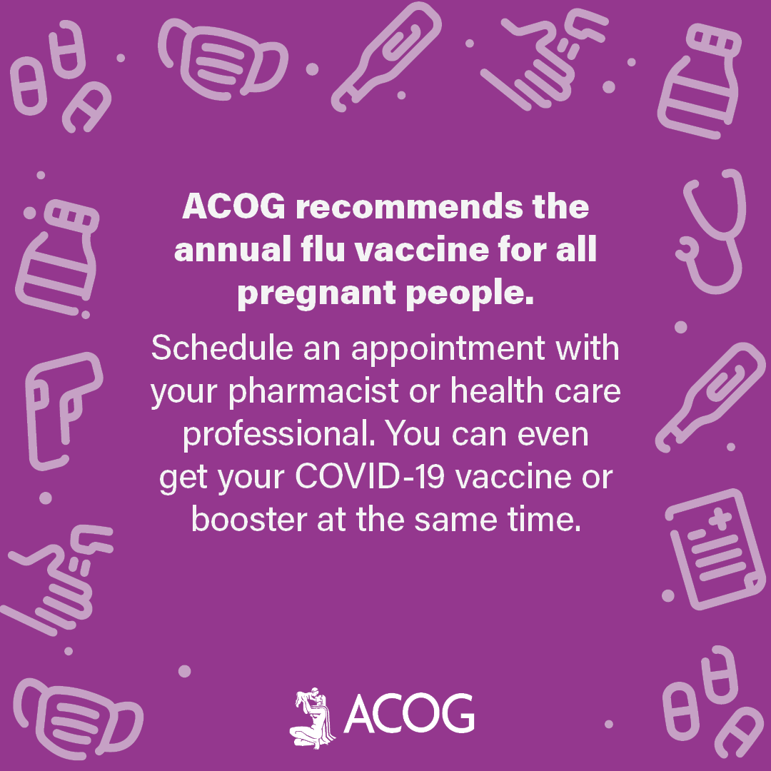 acog's tweet photo. It’s safe to get the flu vaccine at the same time as the COVID-19 vaccine series and boosters. ACOG recommends both vaccines for those who are pregnant, might be pregnant, or are postpartum. Learn more: https://t.co/JQccVEDAjK #FluFactFriday #ACOGFightsFlu https://t.co/hvG3mSDZ4h