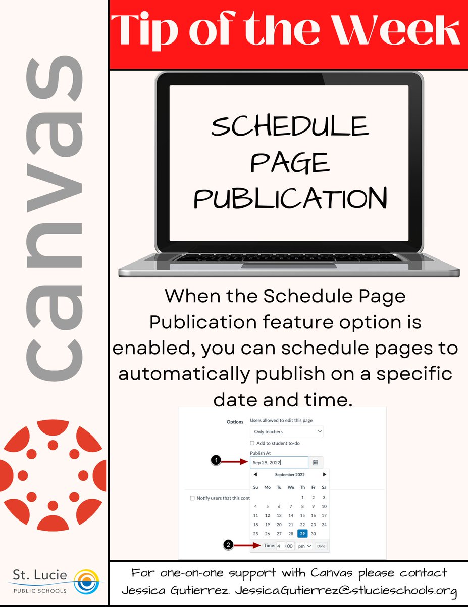 Jessi7183's tweet photo. 📢Canvas tip of the Week!📢
A new update recently released by 
@Canvas_by_Inst!
📅You can now schedule pages to be published at a selected date and time.📅 
Let me know if you use it! 
#CanvasFam @canvascasters @SLPS_Curriculum
 #blendedlearning #edtech https://t.co/rlaHDSugFU