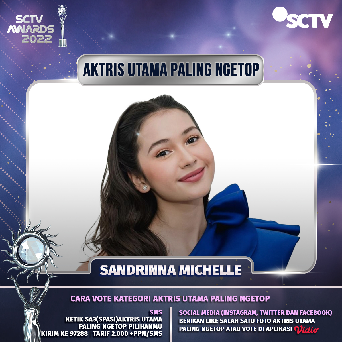 SCTV's tweet photo. Yuk, dukung Sandrinna Michelle untuk membawa pulang piala "Aktris Utama Paling Ngetop" dengan cara follow akun social media SCTV dan like foto ini, ya! 

#VoteSA2022 #SA3 #SA2022Sandrinna #SCTVAwards2022 #SCTVSpesial https://t.co/cmlgNF7JdX