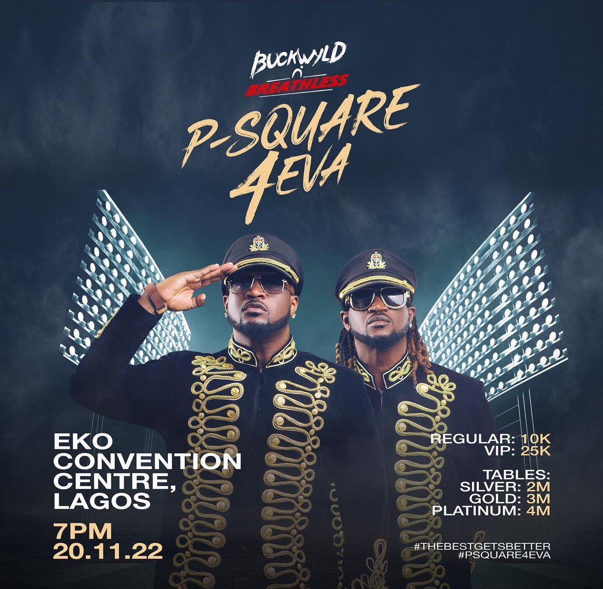 PeterPsquare's tweet photo. Lagos are you ready to party with us! November 20th is the date. 
Eko Convention Center is the spot.
7pm is the time. 
#BuckwyldnBreathless is the stage  and  #PSquare4eva is the vibe.

Go grab your tickets now at
@nairabox @ariiyatickets  #TheBestGetsBetter #PSquare4Eva https://t.co/dIeDAWMgZm