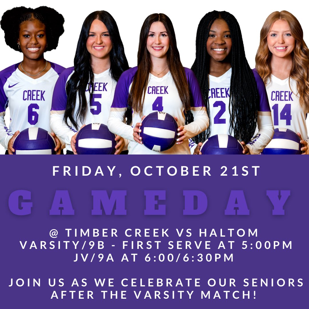 ‼️GAMEDAY 🏐 SENIOR NIGHT‼️

Join us as we celebrate our SENIORS tonight directly after the Varsity match! Show up and show out for our SENIORS in their LAST HOME MATCH!

🗓Friday, 10/21
📍TIMBER CREEK - PACK THE NEST
⌚️V/9B @ 5 (JV/9A to follow)
🆚Haltom
🎟 Brushfire