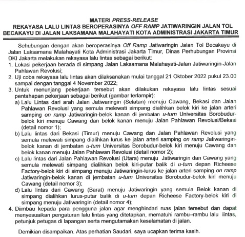 TMCPoldaMetro's tweet photo. 19.25 Pemberlakuan Rekayasa Lalu Lintas sehubungan dengan beroperasinya Off Ramp Jatiwaringin Jalan Tol Becakayu di Jl. Laksamana Malahayati Jaktim. https://t.co/yOb9WwKZyW