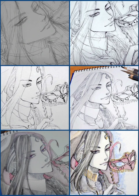 ちょくちょく上げてたマスカレードな🐍の進捗絵は後程消すので…一枚に纏めたの載せておきますね😊
進捗も♡くださった方々ありがとうございました🙏🏻 