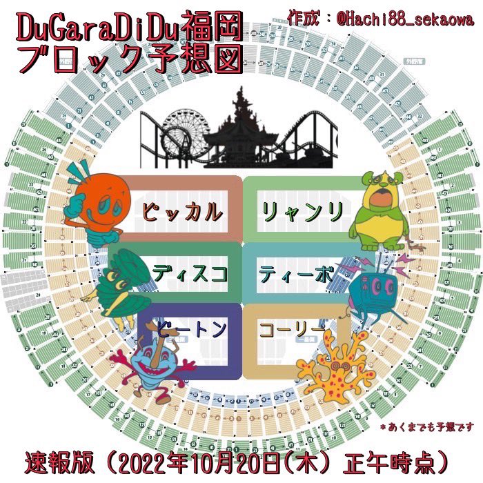 Hachi88_sekaowa's tweet photo. Du Gara Di Du
SEKAI NO OWARI DOME TOUR 2022

🐝さんの予想だと私の座席はどの辺になりますか？というご質問をたくさんいただいていて対応しきれないので、ご自身でこちらからご確認いただけたらと思います💦

あくまでも予想ですので大幅にズレる場合もあります🙇‍♂️

https://t.co/fz96ZXfZYM https://t.co/ufzN65cvAC