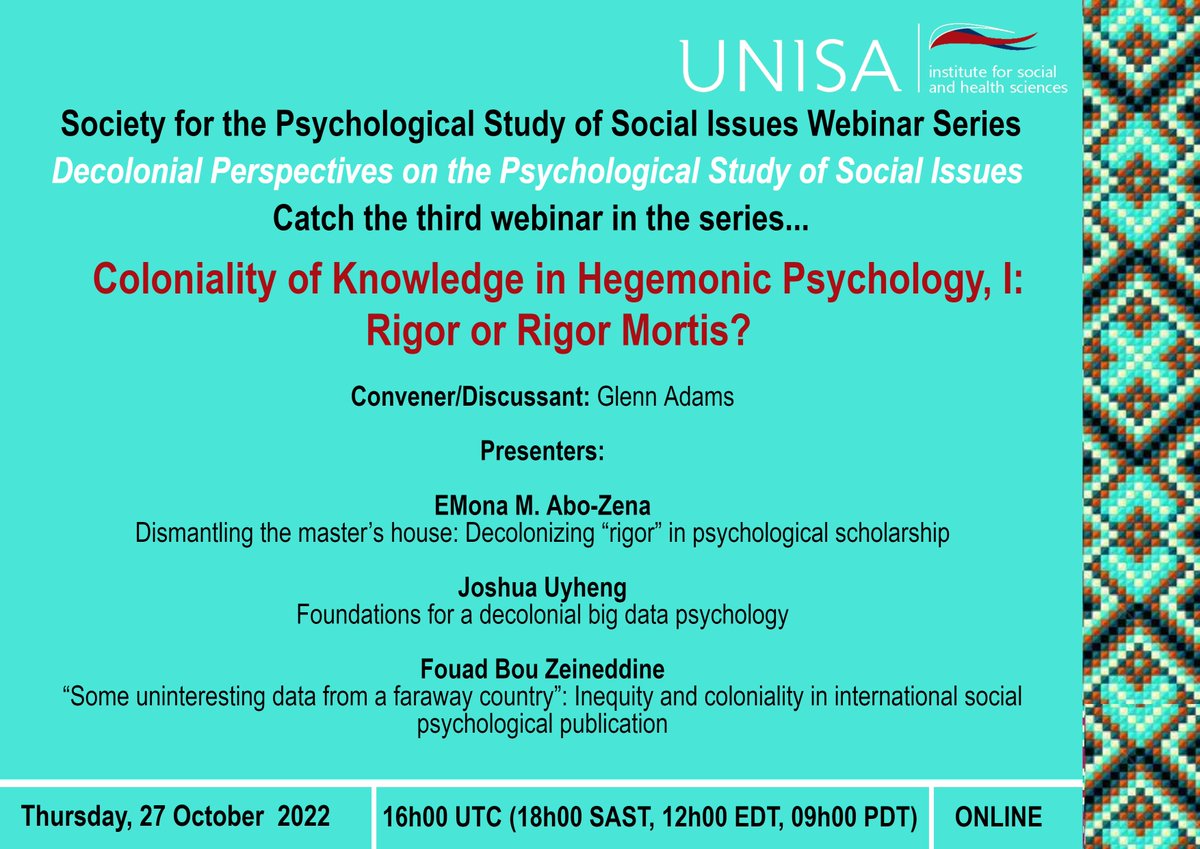 centringafrica's tweet photo. 📅 Save the date! 

Society for the Psychological Study of Social Issues Webinar Series
𝐃𝐞𝐜𝐨𝐥𝐨𝐧𝐢𝐚𝐥 𝐏𝐞𝐫𝐬𝐩𝐞𝐜𝐭𝐢𝐯𝐞𝐬 𝐨𝐧 𝐭𝐡𝐞 𝐏𝐬𝐲𝐜𝐡𝐨𝐥𝐨𝐠𝐢𝐜𝐚𝐥 𝐒𝐭𝐮𝐝𝐲 𝐨𝐟 𝐒𝐨𝐜𝐢𝐚𝐥 𝐈𝐬𝐬𝐮𝐞𝐬
 
Register using link below:
https://t.co/7FK4GyIVgS https://t.co/Eks0gVRb1R