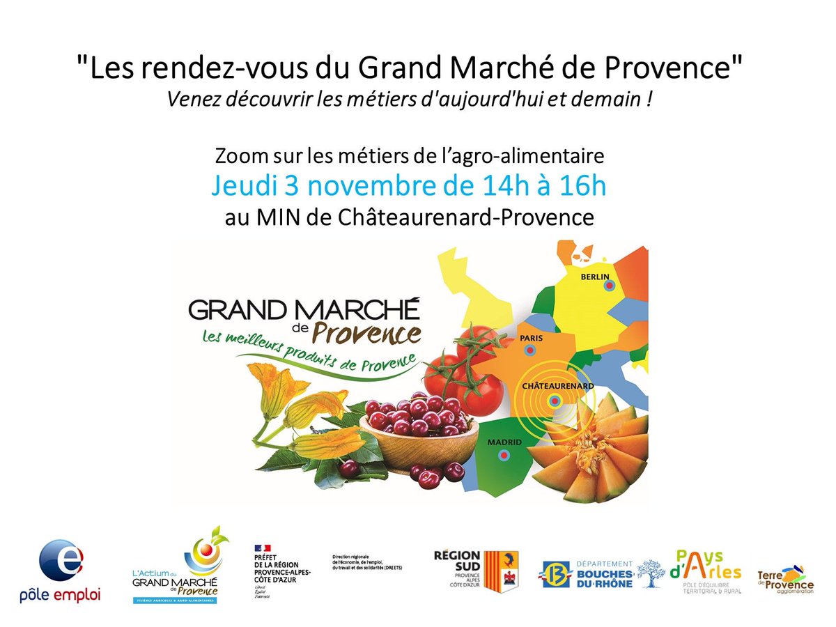 📣 Zoom sur le secteur #AGROALIMENTAIRE jeudi 3 novembre 2022 L’Actium du Grand Marché de Provence  <a href="/MINChateau13160/">MIN Châteaurenard-Provence</a> @pole_emploi #Châteaurenard
➡ Opportunités #emploi #formation 
✅  urlz.fr/jyGz
#TousMobilisés
<a href="/BERTRAND66NL/">Gilles BERTRAND</a> <a href="/LMercier2b/">Laurent Mercier</a> <a href="/JeremieBecciu/">Jérémie BECCIU</a> <a href="/PerezCoste/">Sonia Coste-Perez</a>