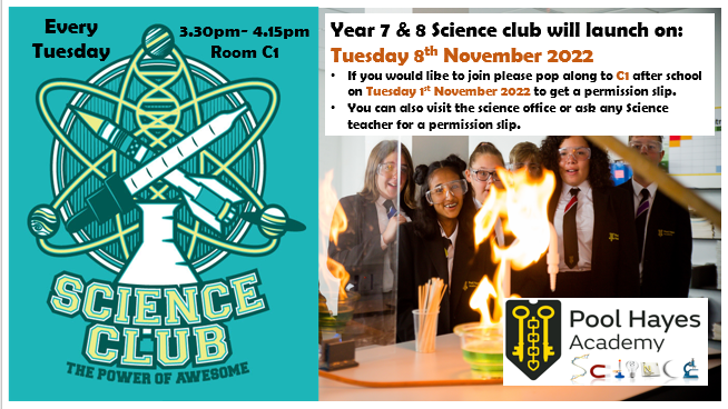 Science club for Year 7 and 8 is starting on Tuesday 8th November! Collect permission slips from 1st November in room c1, the science office or their science teacher and return before the start date.🧪👨‍🔬