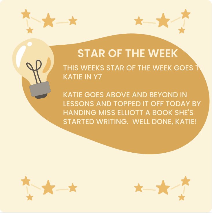 HGSA_English's tweet photo. Ending the week on a high! Our star of the week goes to Katie in Y7✨ We are so proud of all your efforts this term @HeanorGateSA  @MonsieurJWright #staroftheweek https://t.co/1tTmCDOiQ2
