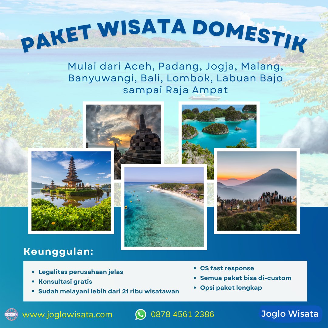 joglowisata's tweet photo. Paket wisata domestik dari Aceh sampai Papua
Info π https://t.co/kSP2AataLs
#jalanjalan #pesonaindonesia #liburandulu #wisataindonesia #liburanyuk #liburankekinian #liburanasik #liburanku https://t.co/04LtS5L5hG