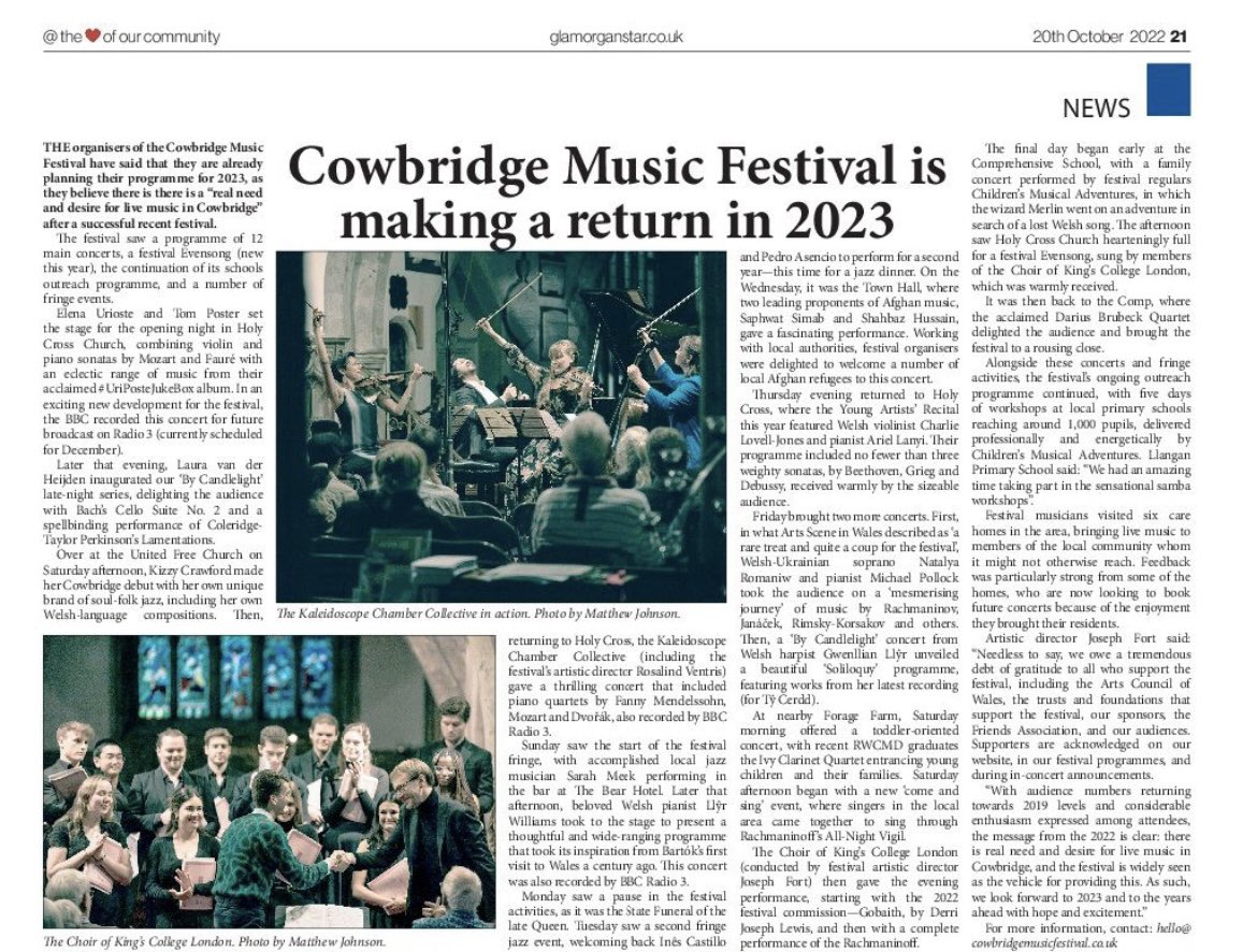 Huge thanks to the @GlamorganStar for this wonderful feature. 😍 Next year's Cowbridge Music Festival will take place over 15th-24th September 2023. Please mark your diaries! We can't wait to see you all again next year.