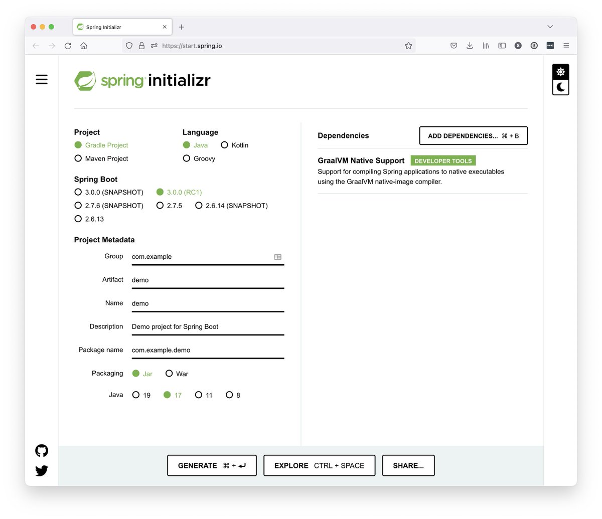 Spring Boot 3.0.0-RC1 is out! We've updated start.spring.io to help you getting started with native images and <a href="/graalvm/">GraalVM</a> 🧵
