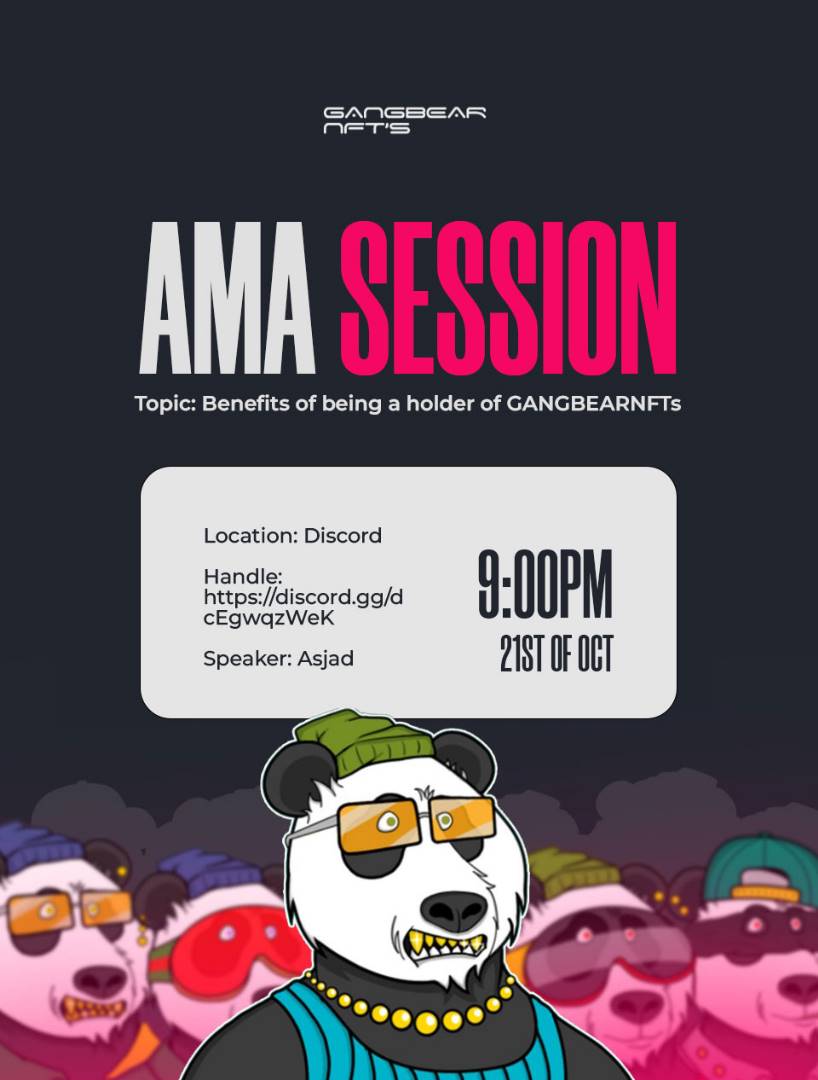 NftGangbear's tweet photo. Topic: Benefits of being a holder of GANGBEARNFTs

For everyone in the discord server

21/10/2022 9pm

Location: Discord

Handle: https://t.co/1jHzSWtXN9

Room:https://t.co/uBT3iWPWkP
Speaker: Asjad https://t.co/0fYjSeHStB