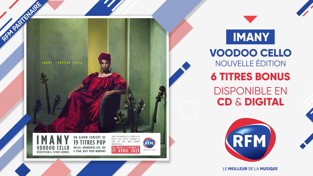 RFMFrance's tweet photo. 🎶 La nouvelle édition deluxe de l'album d'@Imany #VoodooCello est disponible ! 🎻 Avec 6 titres bonus, disponible en CD et digital, en partenariat avec #RFM. https://t.co/XhvJ1wIai8
