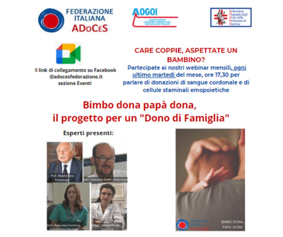 ADoCeS_Fed's tweet photo. BIMBO DONA PAPA' DONA è il progetto ADoCeS, in collaborazione con AOGOI e FNOPO, quindi care coppie se state aspettando un bambino partecipate al webinar per scoprire quanto è bello e facile donare!
Save the date! Martedì 25.10.2022 ore 17.30 via meet. https://t.co/kwktWPLaYZ