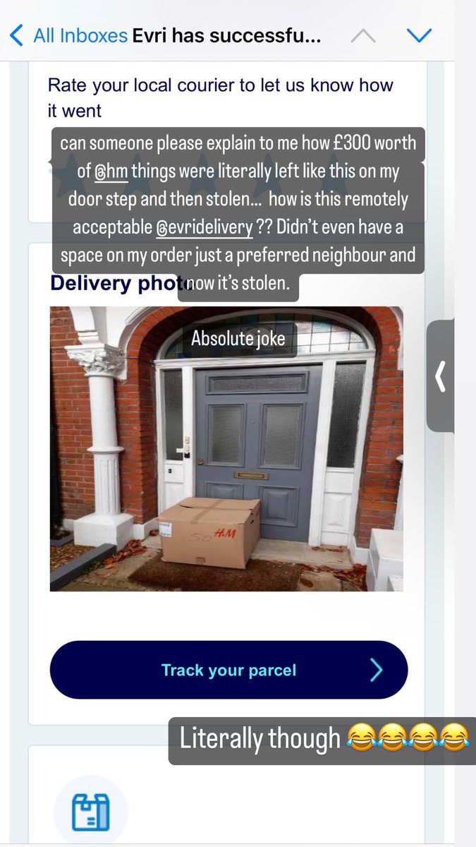 lizeagleh's tweet photo. My parcel was delayed for 2 weeks… and then the biggest box was stolen from my doorstep. No safe space - how on earth did thid think this was acceptable? Can’t get in contact with @hmunitedkingdom - absolutely furious! @evridelivery https://t.co/LgObgYytjw