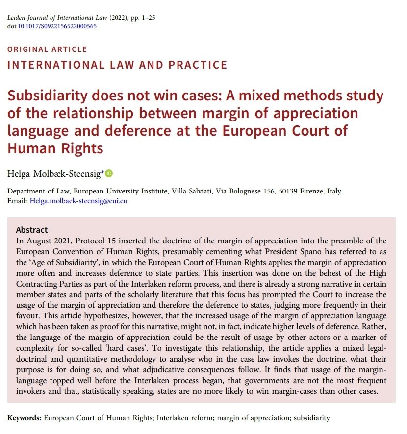 helgasteensig's tweet photo. Do states tend to win more #HumanRights cases at the @ECHR_CEDH when it uses the margin of appreciation more? In the Interlaken process states have appeared to think so, but this empirical study I've just published with the @LJIL_Leiden suggests otherwise.
https://t.co/BkaO714Lo2 https://t.co/X2ObDfX9re
