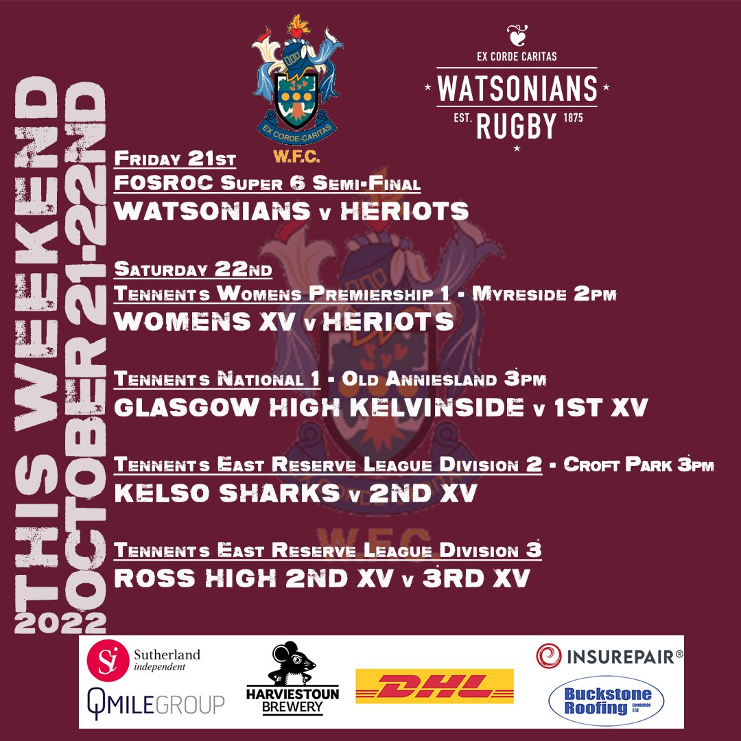 WATSONIANFC's tweet photo. Another big weekend of rugby.

Five games. Two at Myreside.

Let's go Sonian's!

#Watsonians #ExCordeCaritas #Super6 #Tennent's

@HarviestounBrew @Insurepairuk @SutherlandIFA @qmile_edinburgh @dhlexpressuk #BuckstoneRoofing https://t.co/D0ka5kVCBl