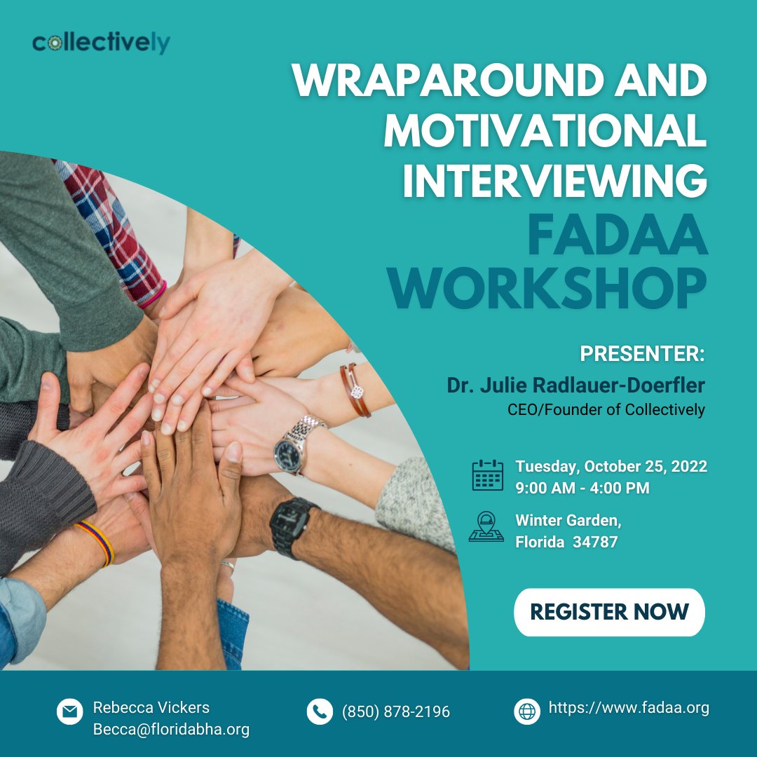 Dr. Julie Radlauer-Doerfler is presenting in a three-day Workshop: Wraparound and Motivational Interviewing, in partnership Florida Alcohol and Drug Abuse Association (FADAA). The second workshop is on Tuesday, Oct. 25, 2022.

Register here: bit.ly/3DhuIyu.