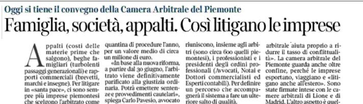 Unioncamere_Pie's tweet photo. “A partire dal 30 giugno, l’#arbitro viene definitivamente parificato alla giustizia ordinaria. Potrà emettere sentenze e provvedimenti cautelari.

Così l’Avv. Pavesio, presidente della Camera Arbitrale del Piemonte su @CorriereTorino 🗞

👉🏻 https://t.co/7iRBDs6hTK https://t.co/GVHwS9L50V