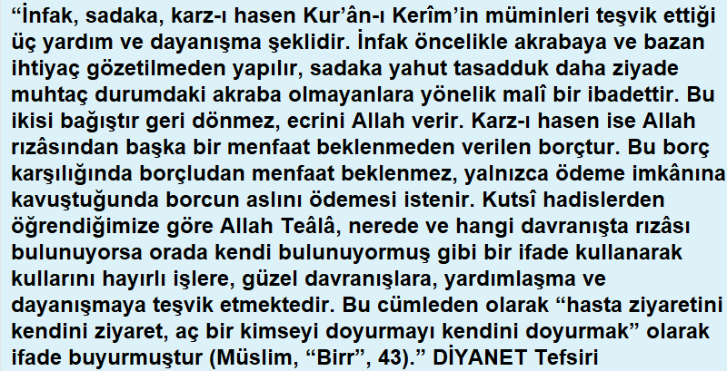 Rahman ve Rahîm olan Allah'ın adıyla Kimdir Allah’a güzel bir borç verecek o kimse ki, Allah da o borcu kendisine kat kat ödesin. (Rızkı) Allah daraltır ve genişletir. Ancak O’na döndürüleceksiniz. Bakara Suresi 245. Ayet Meali