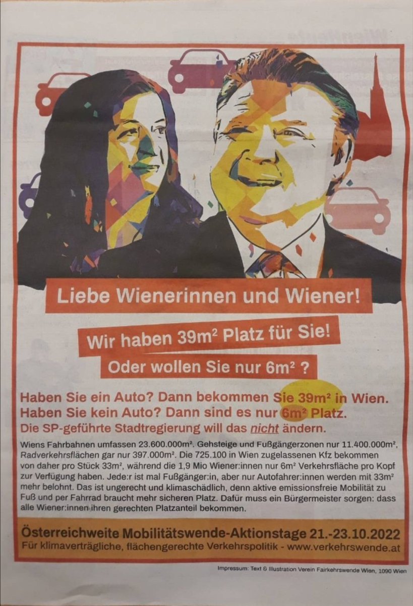 BleningerDaniel's tweet photo. Haben Sie ein Auto: dann bekommen Sie 39m² öffentlichen Raum in Wien. Haben Sie kein Auto, sondern setzen auf klimafreundliche Mobilität? Dafür gibts nur 6m² pro Kopf. Diese Privilegien für die KFZs müssen endlich abgeschafft werden! #Verkehrswende #Autokorrektur https://t.co/a91ScYDAjF