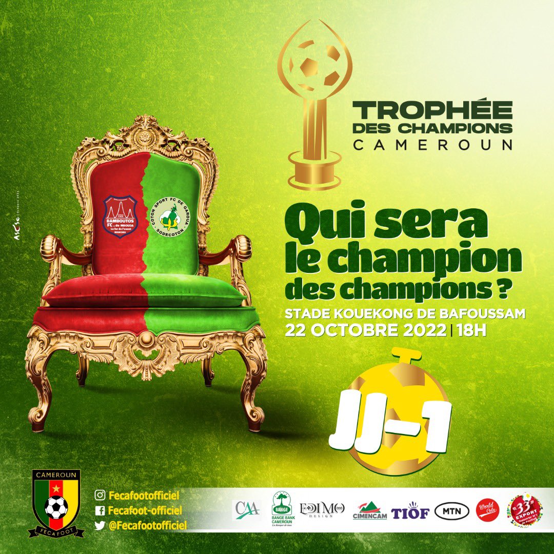 TropheeDC's tweet photo. Qui sera le champion des champions ?
JJ ➖1️⃣
#BAMBOUTOS 🆚 #COTONSPORT
📆 22/10/2022
🏟️ Stade Kouekong
📍BAFOUSSAM
#BAMCOT| #TropheeDesChampions | #TDC2022 https://t.co/0pb7vF6YHW