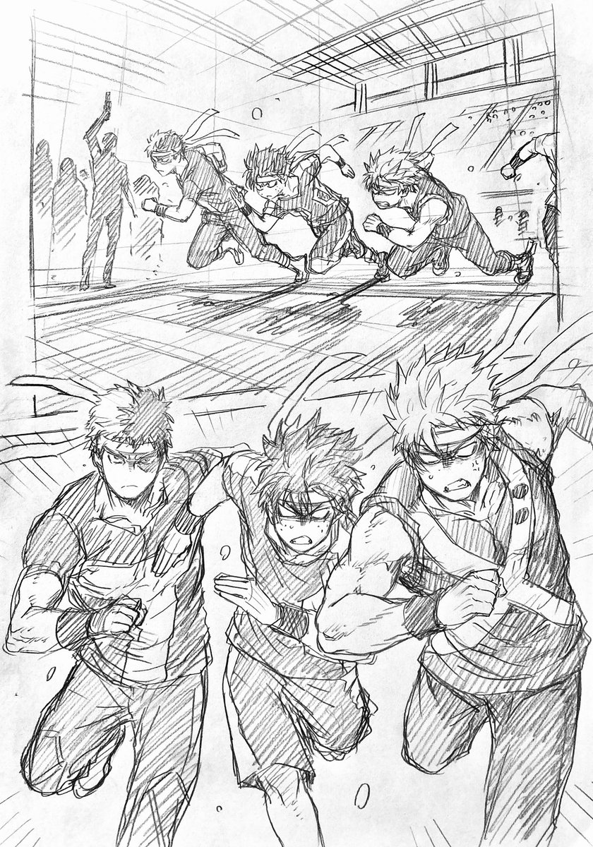 ラフ描き、💥🥦+🍰、プロヒ

プロヒになって色々落ち着いてからヒーロー事務所対決のスポーツ大会とかあって、各事務所から代表でイキのいい新人が選抜されそこで戦う事になる3人。
エンデヴァー事務所、ジーニスト事務所、オールマイト事務所。

本気になると💥ちゃん顔になる🥦君とか楽しい。 
