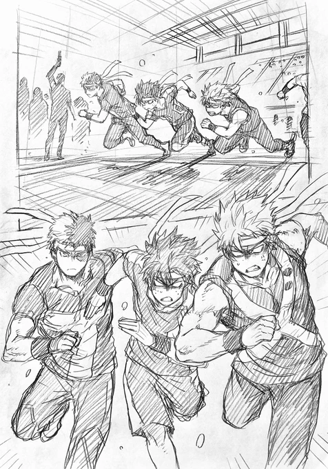 ラフ描き、💥🥦+🍰、プロヒ

プロヒになって色々落ち着いてからヒーロー事務所対決のスポーツ大会とかあって、各事務所から代表でイキのいい新人が選抜されそこで戦う事になる3人。
エンデヴァー事務所、ジーニスト事務所、オールマイト事務所。

本気になると💥ちゃん顔になる🥦君とか楽しい。 