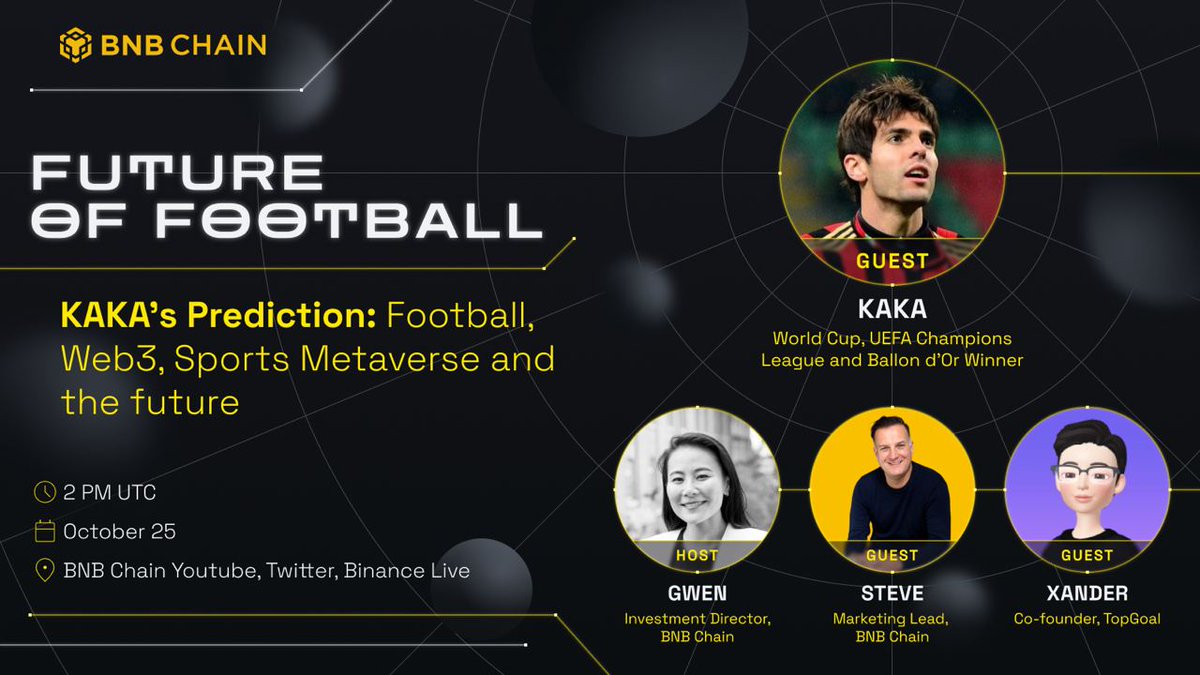 📢Join @Kaka x @TopGoal_NFT x @BNBChain YouTube Live Event on 25 Oct, 14:00 UTC 💡Theme: Future of Football 📺youtu.be/lNX63ctHUI4 🚀More valuable ideas will be shared. 🎁Giveaway: galxe.com/TopGoal/campai… #FootballCarnivalCampaign