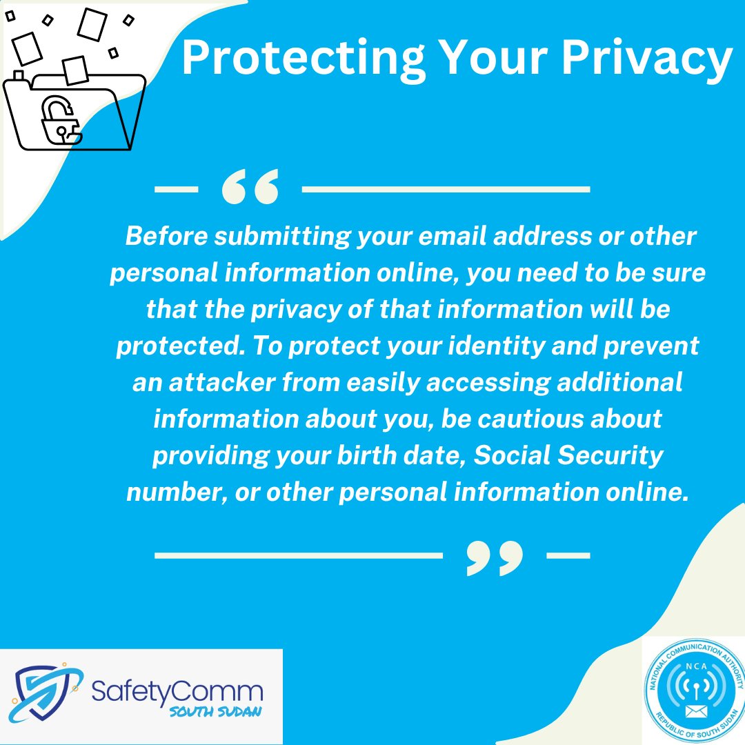 SafetyComm_SS's tweet photo. Look for the site's privacy policy and evidence that your information is being encrypted, before submitting your personal information. #CybersecurityAwarenessMonth #SecuringOurConnectivity #SeeYourSelfInCyber #BeCyberSmart  #SSOT https://t.co/Rrtv6zL1Ka