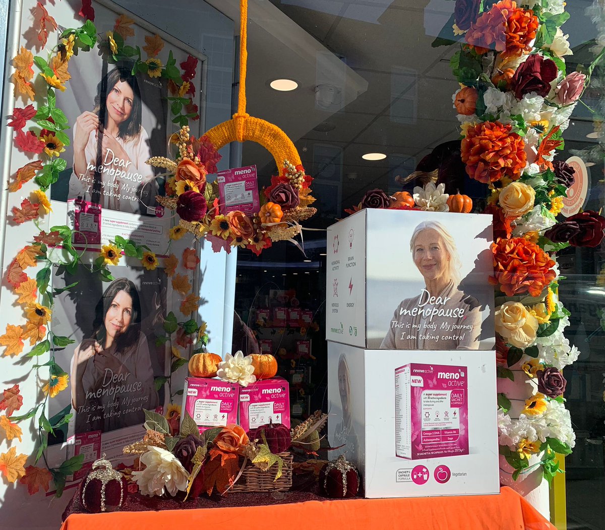 Michelle050758's tweet photo. @Iloveblackrock Quigleys Pharmacy in Blackrock Village. Fabulous Autumn window display, brightening up the village on a dull day. https://t.co/bx9J90enAk