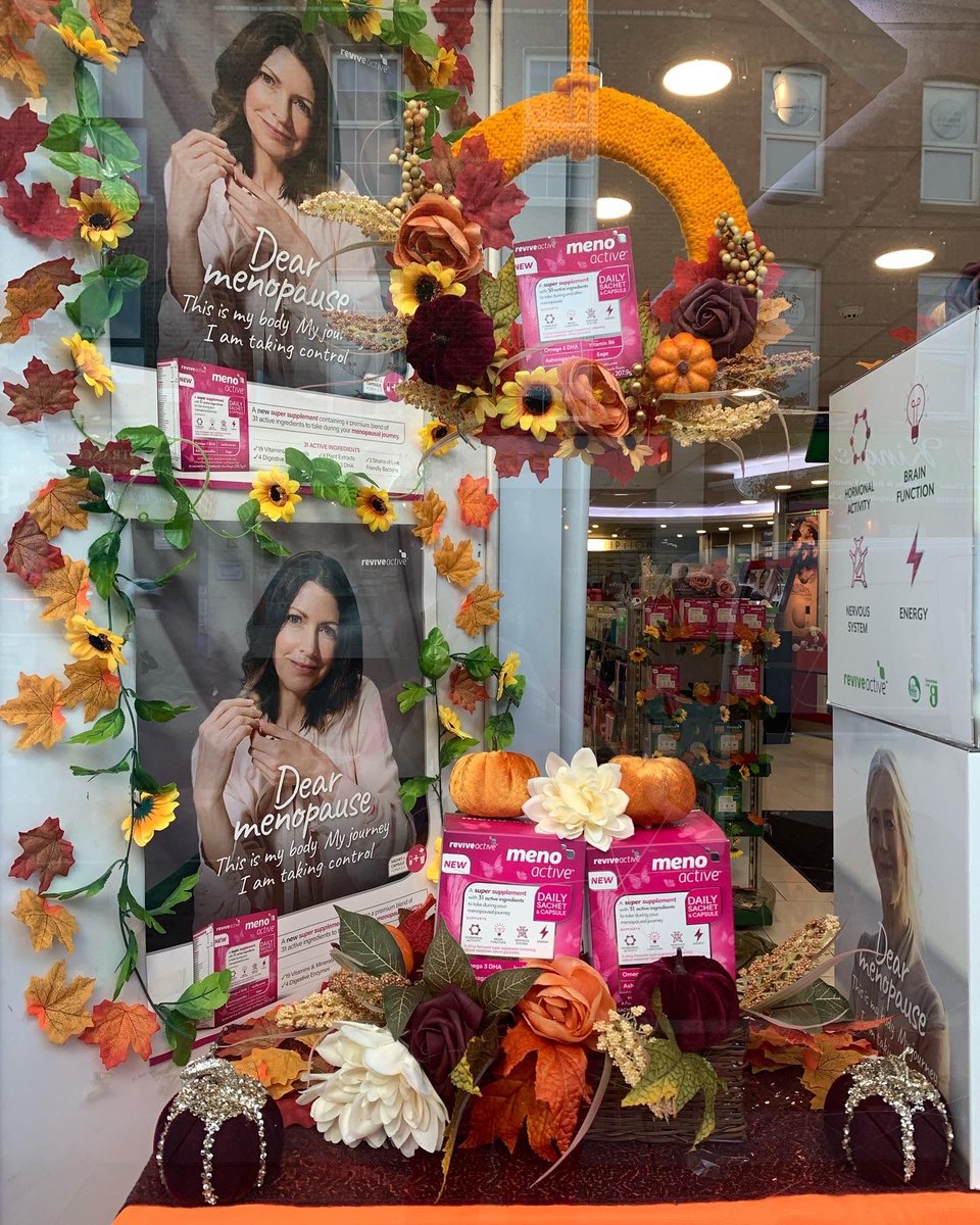 Michelle050758's tweet photo. @Iloveblackrock Quigleys Pharmacy in Blackrock Village. Fabulous Autumn window display, brightening up the village on a dull day. https://t.co/bx9J90enAk
