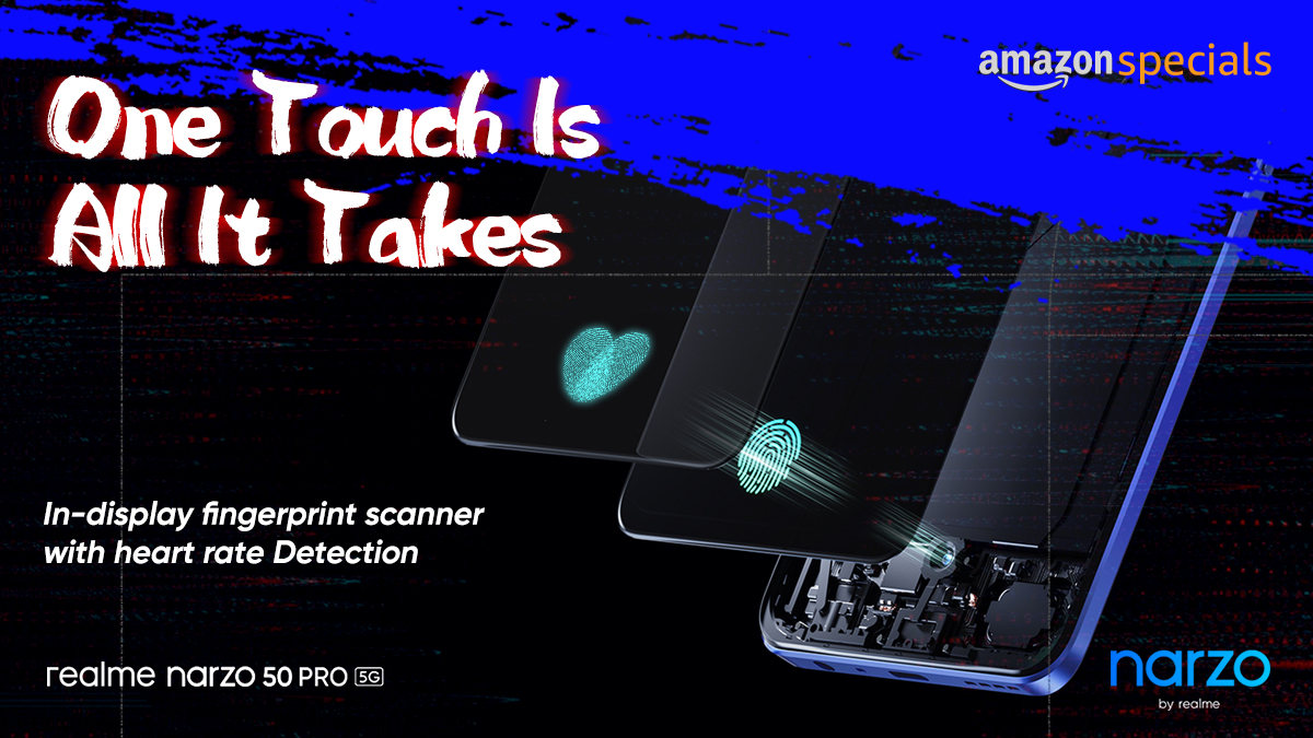 realmeIndia's tweet photo. Your health and security in a touch! 

With the #realmeNarzo50Pro 5G, all it takes is one touch for quick and easy access to your phone and your health💗

#Mighty5GGameOn

Buy now: https://t.co/C9PZFCfYaK https://t.co/n4oPjTvRkx