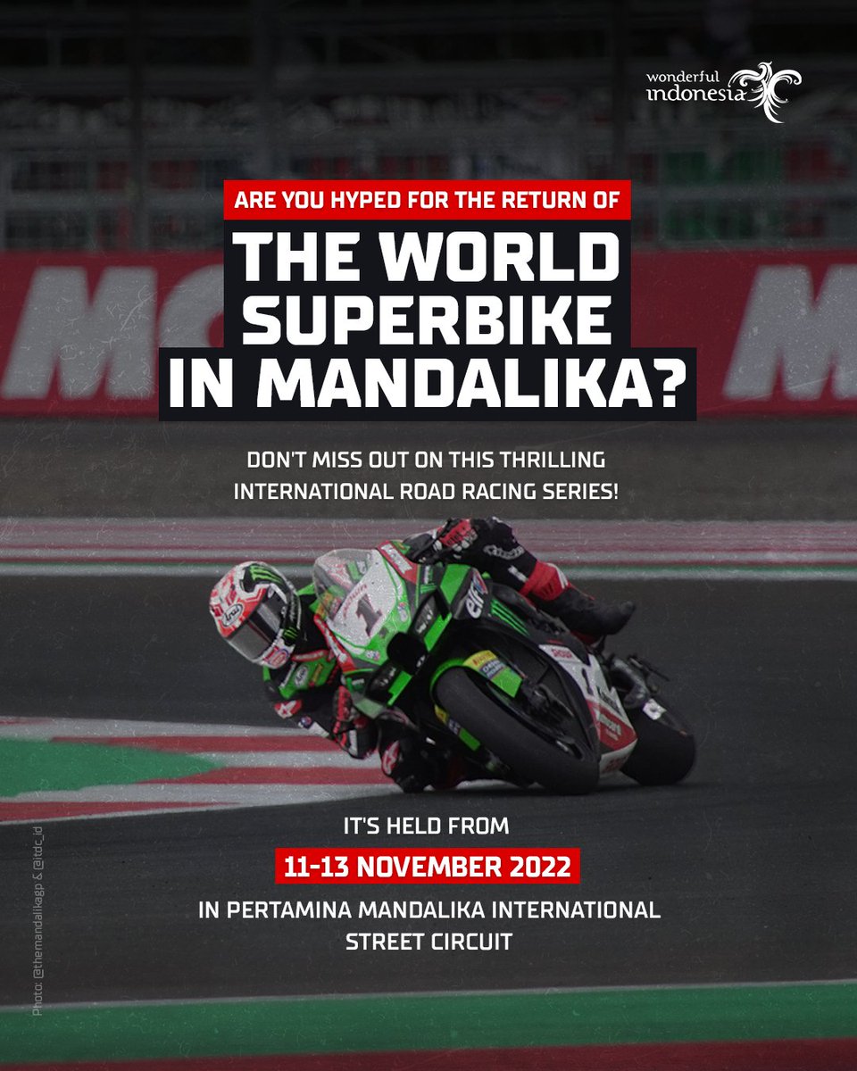 A fast-paced competition is about to return in Mandalika! Catch the WSBK in Pertamina Mandalika International Circuit on 11-13 November 2022! Grab the tickets before they run out. Visit the link right now! bit.ly/3yMoQuz #WonderfulIndonesia