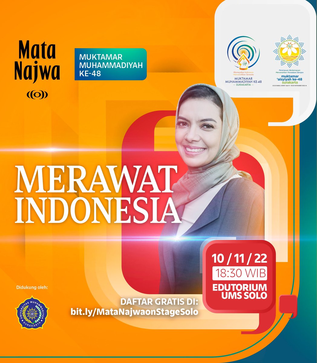 MataNajwa's tweet photo. Halo Solo!
Dalam rangka Muktamar Ke-48 Muhammadiyah &amp; Aisyiyah, Mata Najwa bakal datang ke UMS.

Segera daftar dan amankan tiketmu. Gas dateng ramean, kita berjumpa dan belajar bareng di Edutorium UMS Solo.

Daftar gratis di https://t.co/nh98G4XTh3

See you!

| Mata Najwa https://t.co/a5efSs7xZB