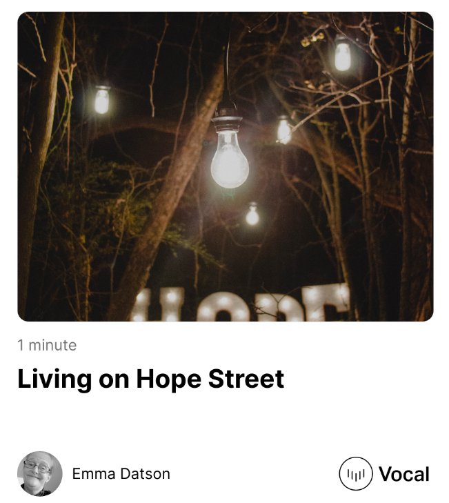 emma_datson's tweet photo. Living on Hope Street, I let go of fear,
The river was there for me, my heartbeat...

Head on over to @Vocal_Creators to read my latest poem 'Living on Hope Street'...
https://t.co/ZcQLVMm7Ry

#poetry #poetrycommunity #sonnet #informationubernerd https://t.co/eu77KnCMTy
