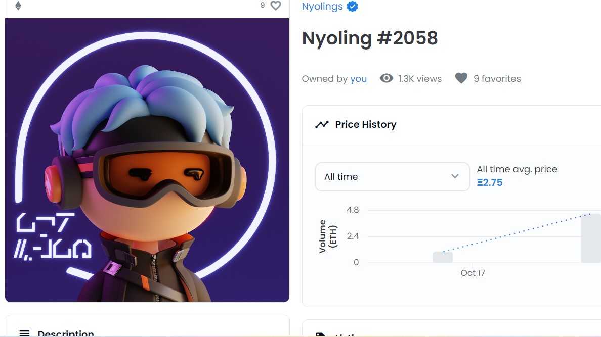 <a href="/Nyolings/">Nyolings</a> I just bought this NFT for 4.5 Eth. Hope I didn't over pay.... Nyoling discord said they'll raid this tweet. Guess that is an experience I never had