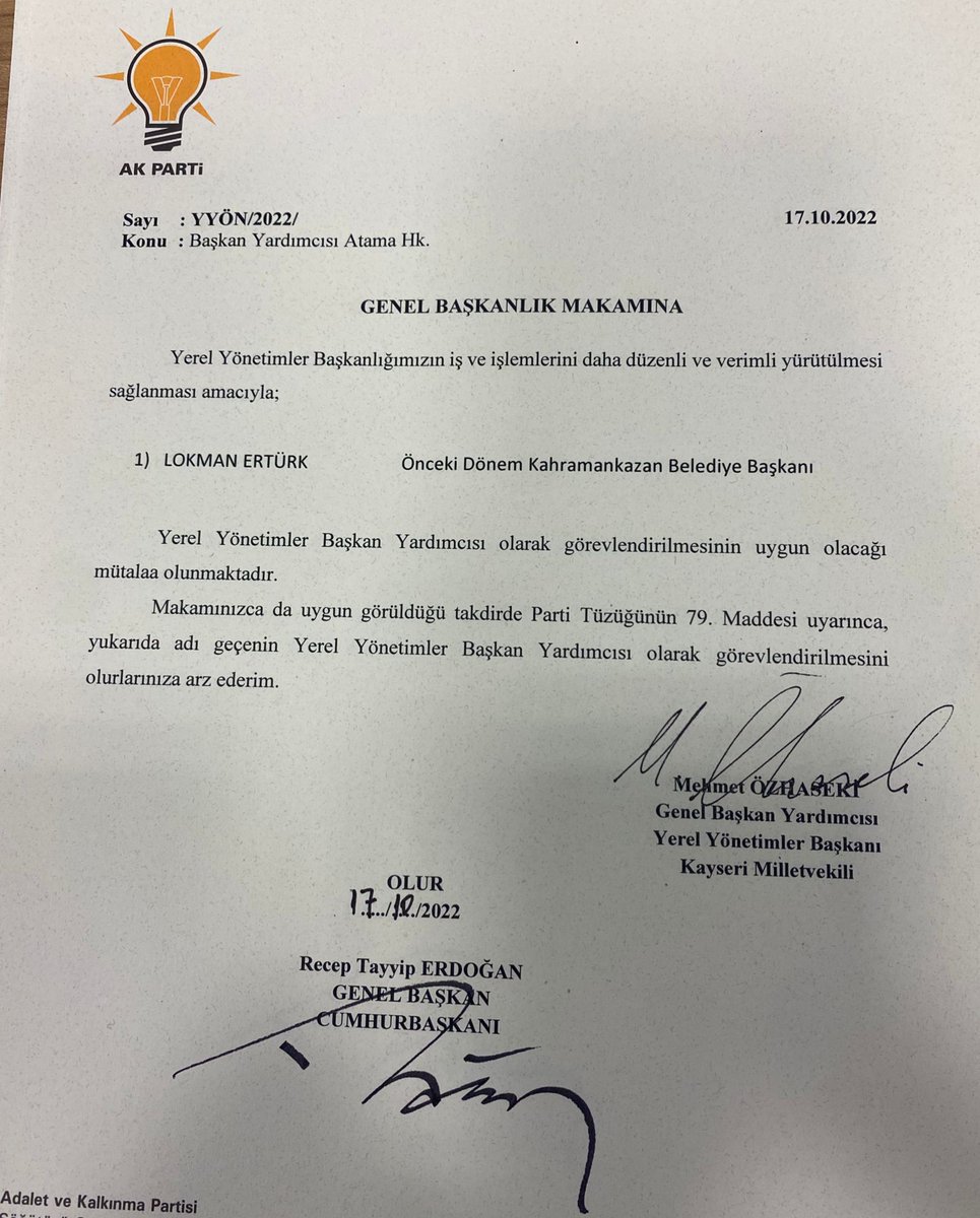 Gen.BşkYrd Sn <a href="/mehmetozhaseki/">Mehmet Özhaseki</a> Bey’in teklifleri ve Cumhurbaşkanımız Sn <a href="/RTErdogan/">Recep Tayyip Erdoğan</a>’ın tensipleriyle Yerel Yönetimler Başkan Yardımcılığına atanmış bulunmaktayım.

Sn <a href="/mehmetozhaseki/">Mehmet Özhaseki</a>’ye ve Sn Cumhurbaşkanımız’a takdir ve tensipleri için şükranlarımı sunuyorum.Rabbim mahcup etmesin.