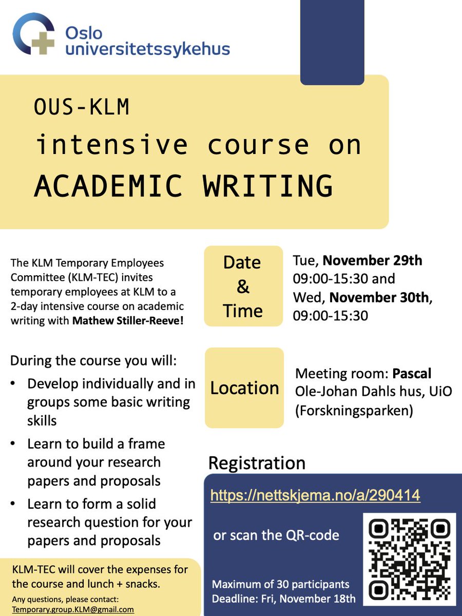 OUS_KLM_Temp's tweet photo. We are happy to invite PhD students, postdocs and temporary researchers at KLM to an intensive course on academic writing ✏️🧑‍🏫🎓 Get helpful writing tips from @MonsoonMat.
When: November 29th and 30th, 09:00-17:00. 
Interested? Register here: 
https://t.co/vSC7AQV8S7 https://t.co/mSCwcb9GDV