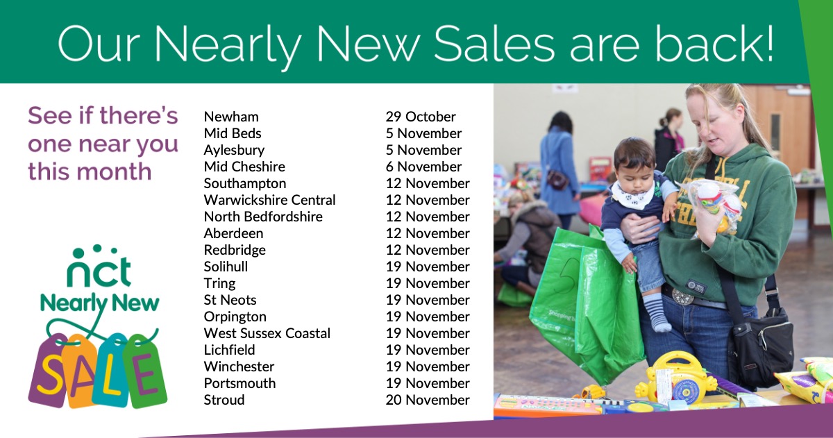 Bringing up a baby can be expensive, but our Nearly New Sales are a great way of keeping costs down. You can pick up good quality toys, clothes and accessories at a fraction of the price than if you bought them new. Find out more: nct.org.uk/local-activiti… 💚