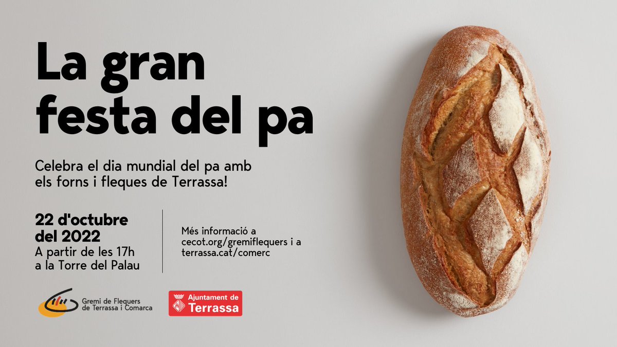 ajterrassa's tweet photo. 🥖 Demà dissabte, els #Forns i #Fleques de #Terrassa ens esperen a la Pl. Torre del Palau, a la Gran Festa del Pa
✏️🖍️ Dibuixa i pinta el teu dibuix sobre el mon del pa, porta'l a la festa o al teu forn i guanya un regal
⌚️ a les 17h 
🔗 https://t.co/bz3hWoJGJr
@TerrassaComerc https://t.co/MnBXJmMLlM