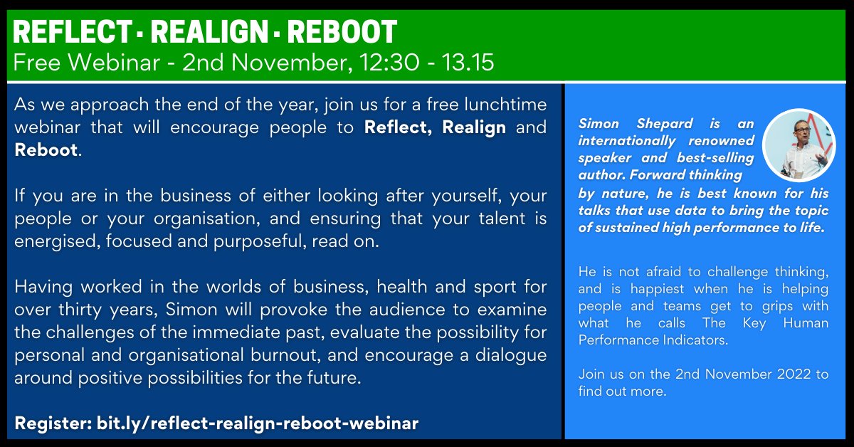 Sign up for a FREE 45-min #wellbeing #webinar based on one of our most popular courses - Reflect, Realign, Reboot. It will help people consider what they have been through over the past year, what really is important &amp; how to tackle the future. Sign up at bit.ly/3THbrMc