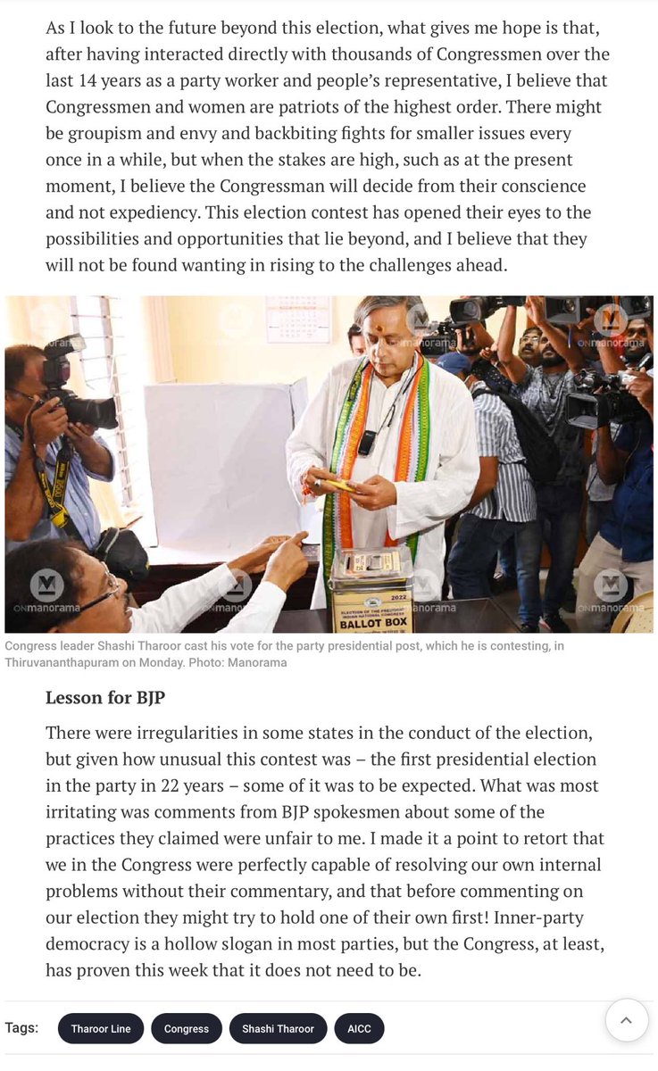 Inner-party democracy is a hollow slogan in most parties, but the Congress, at least, has proven this week that it does not need to be. - @ShashiTharoor #ThinkTomorrowThinkCongress onmanorama.com/news/tharoor-l…