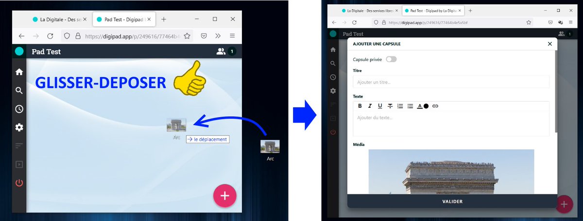 Pour ceux qui ne l'auraient pas vu : possibilité de mettre un document par glisser-déposer dans DIGIPAD de Ladigitale (une capsule s'ouvre automatiquement ensuite). 👍